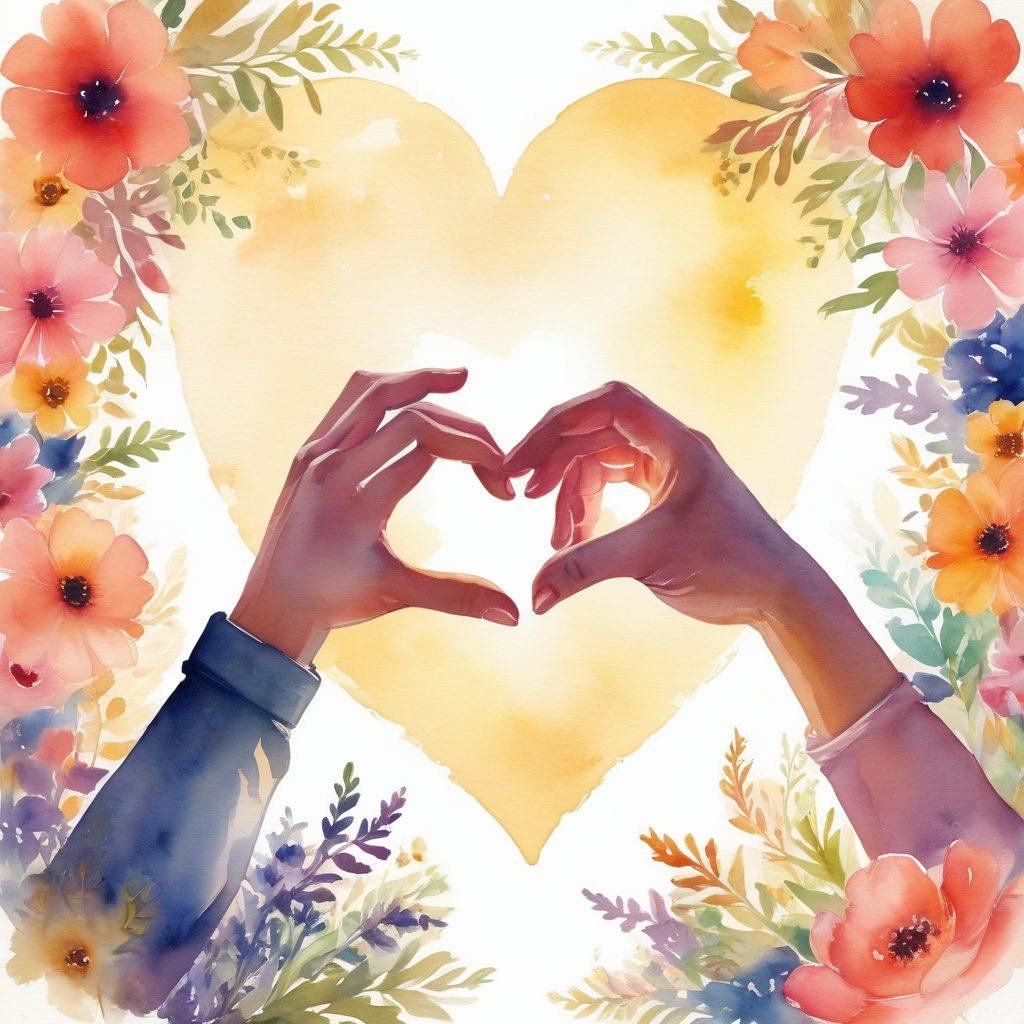 A heart entwined with two hands reaching out towards each other, surrounded by vibrant flowers symbolizing intimacy and connection. In the background, softly blurred silhouettes of a couple sitting together, engaged in deep conversation, radiating warmth and love. Gentle light illuminating the scene, creating a cozy and inviting atmosphere. watercolor style. vibrant colors.