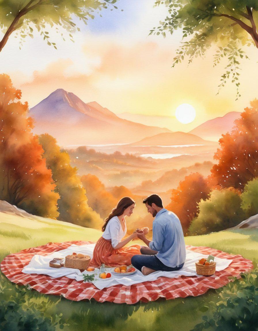 A serene scene depicting a couple transitioning through various stages of love: from a romantic picnic on a sunlit hill to cozy moments at home. Include lush greenery and warm hues to symbolize growth and connection. Showcase elements like intertwined hands, heart-shaped leaves, and a soft sunset in the background. watercolor style. warm colors. soft focus.