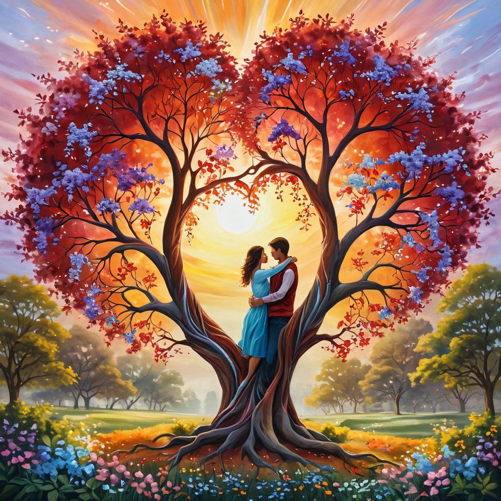 A heart-shaped tree with intertwined branches symbolizing connection, surrounded by blooming flowers representing growth and passion. Two people are depicted in the foreground, sharing a warm embrace, with sunlight filtering through the leaves to create a serene atmosphere. The background features a soft, blurred garden scene to evoke a sense of tranquility and love. painting. vibrant colors.